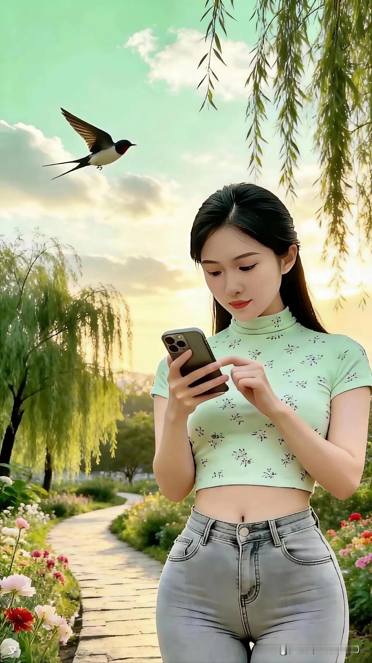 塞鸿秋·嫩绿满裁
东风剪出青绡嫩，
春光暗向罗襟引。
垂杨织就翠帷稳，
青苔点径