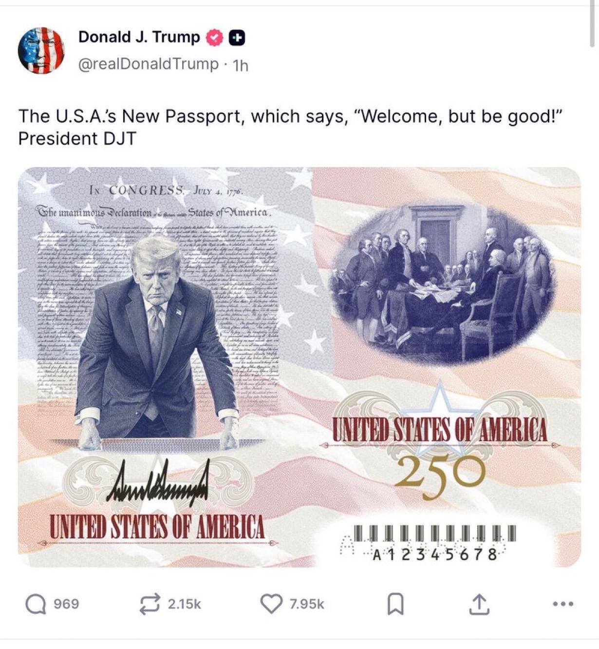 美国总统唐纳德·特朗普：

“美国的新护照，上面写着，‘欢迎，但要做好人！’ 总