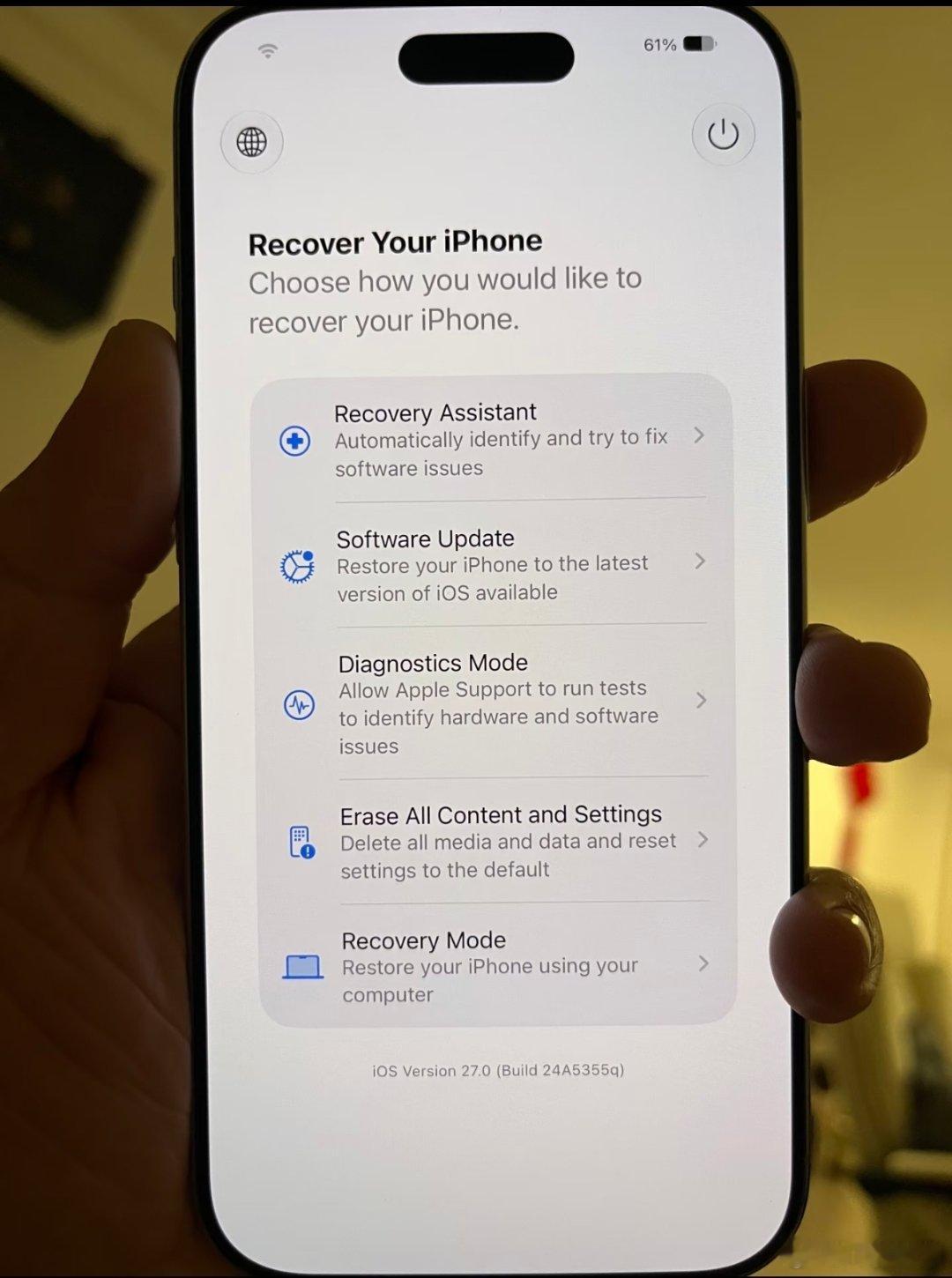 iOS27新增修复模式苹果 iOS 27 系统新增 Recovery 修复模式，