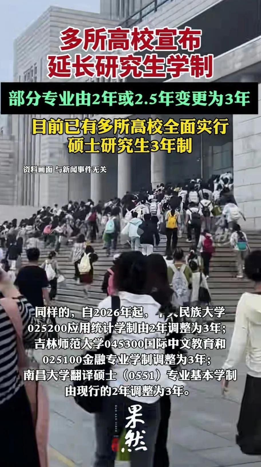最近，自研究生扩招后，又有多所院校宣布，延长研究生学制，部分专业由两年、两年半延