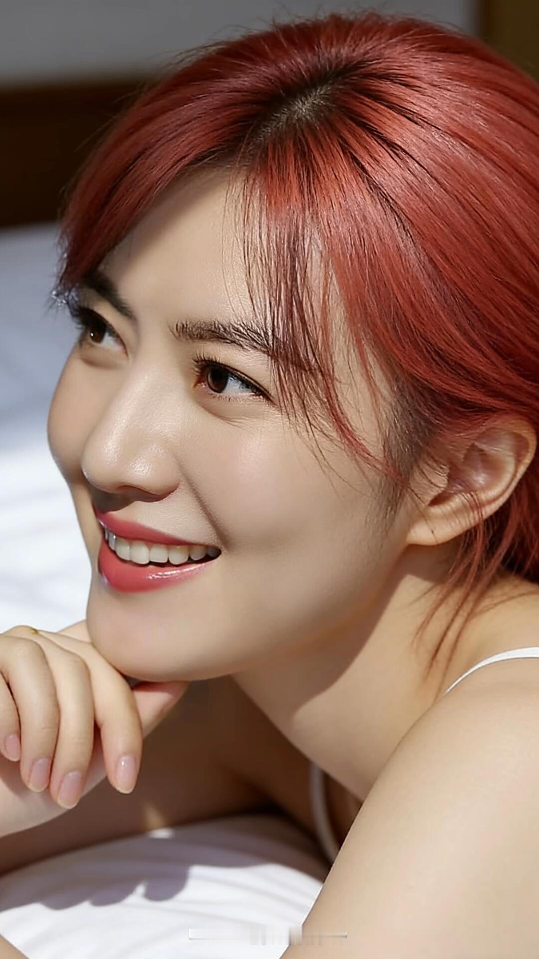 阳光下的红发少女，微笑如春日暖阳。