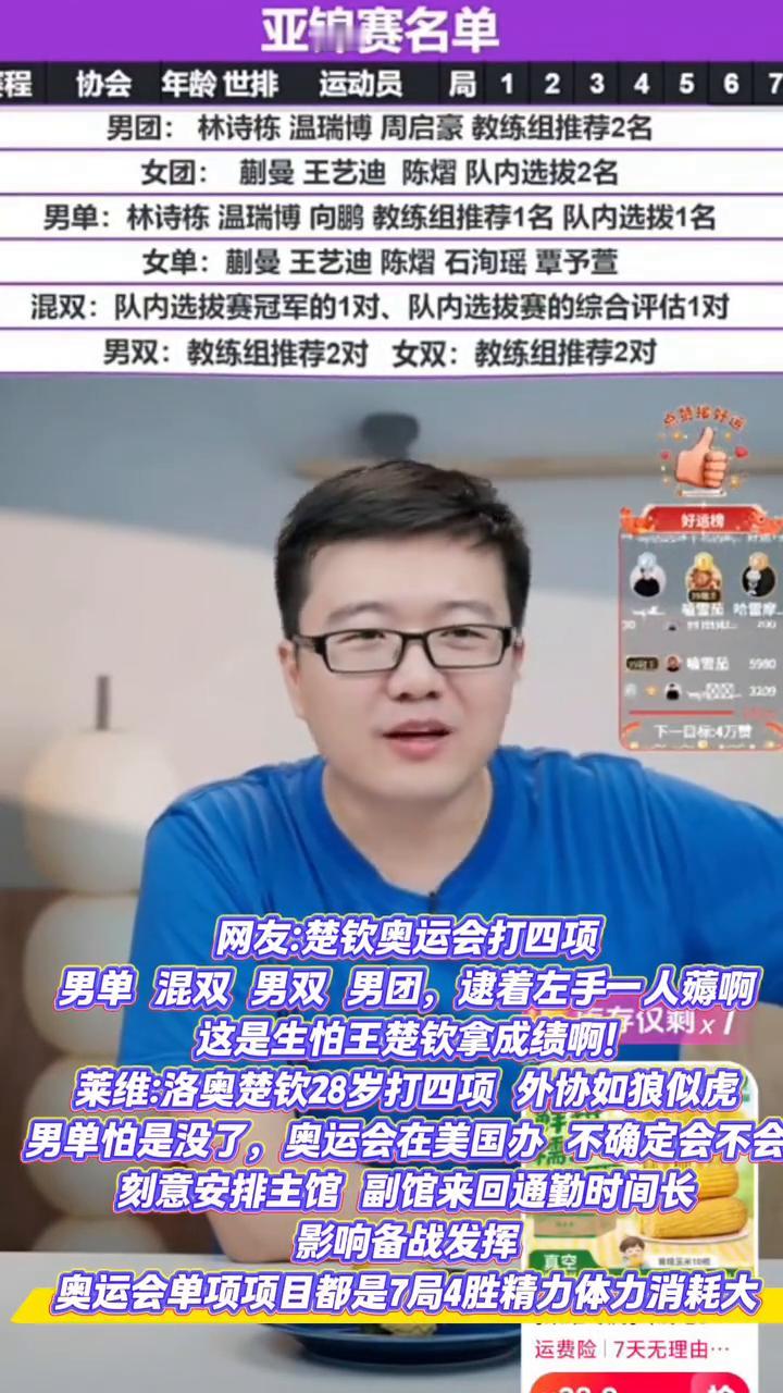 弹幕刚才说的大头奥运会打个男双再打个混双，再打个男单，再打个男团打四项。首先你2