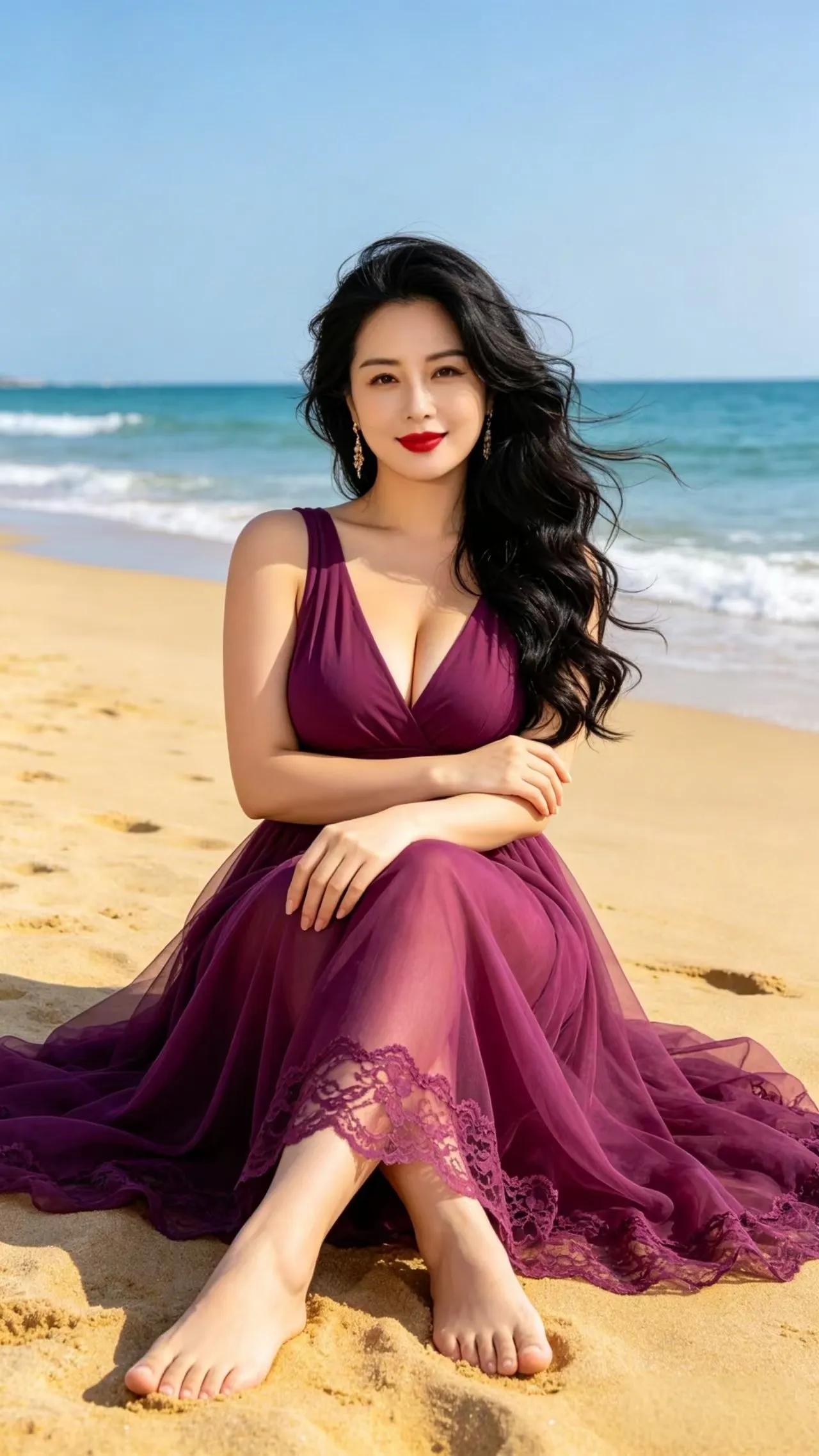 在那片金黄的沙滩上，一位女士惬意地坐着，身着一条漂亮的裙子。那裙子是淡蓝色，像极