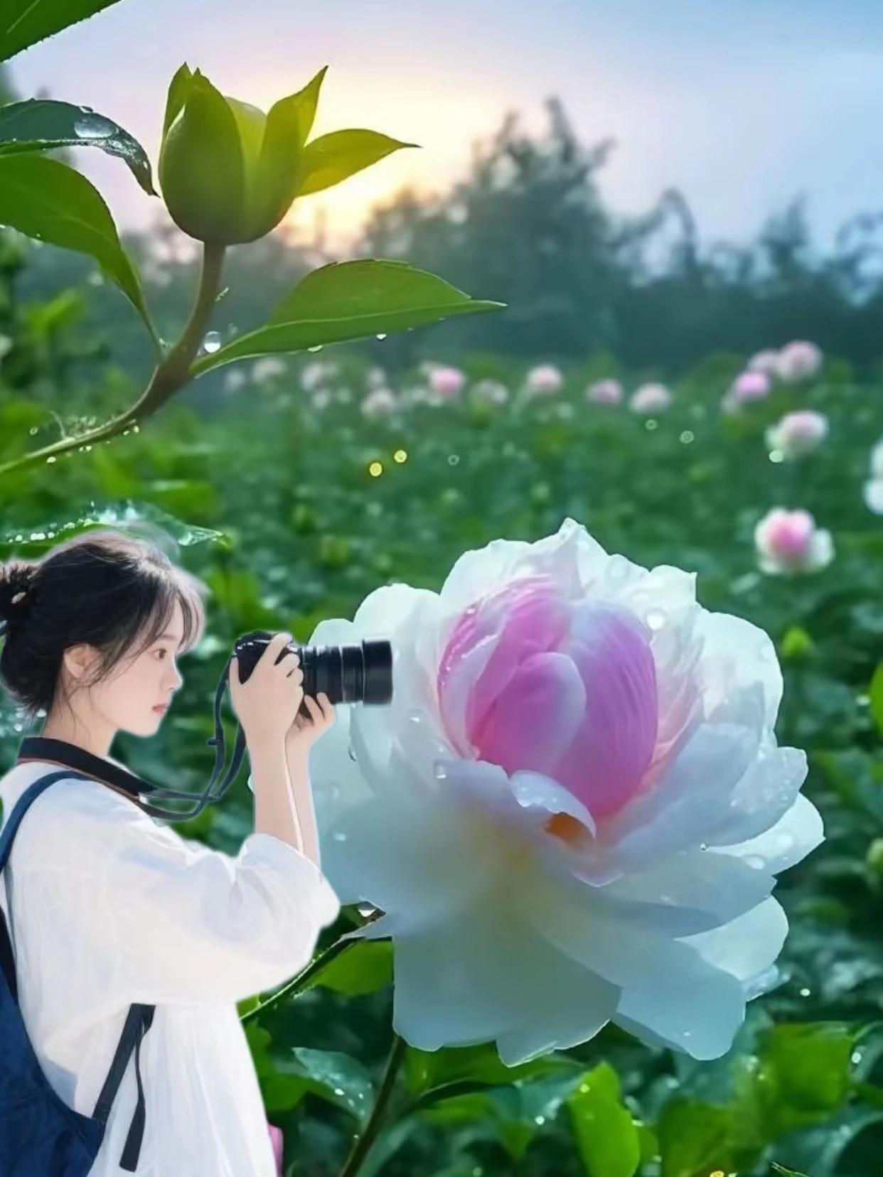 七绝:《拍芍药》
 晓露轻沾芍药香，
风摇新绿入诗行。
相机慢取花间影，
定格瞬