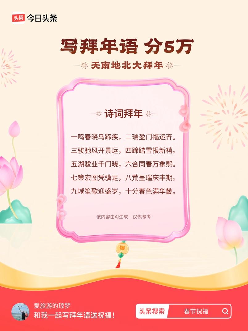 三骏驰风开景运，四蹄踏雪报新禧。 五湖骏业千门晓，六合同春万象熙。 七策宏图凭骥