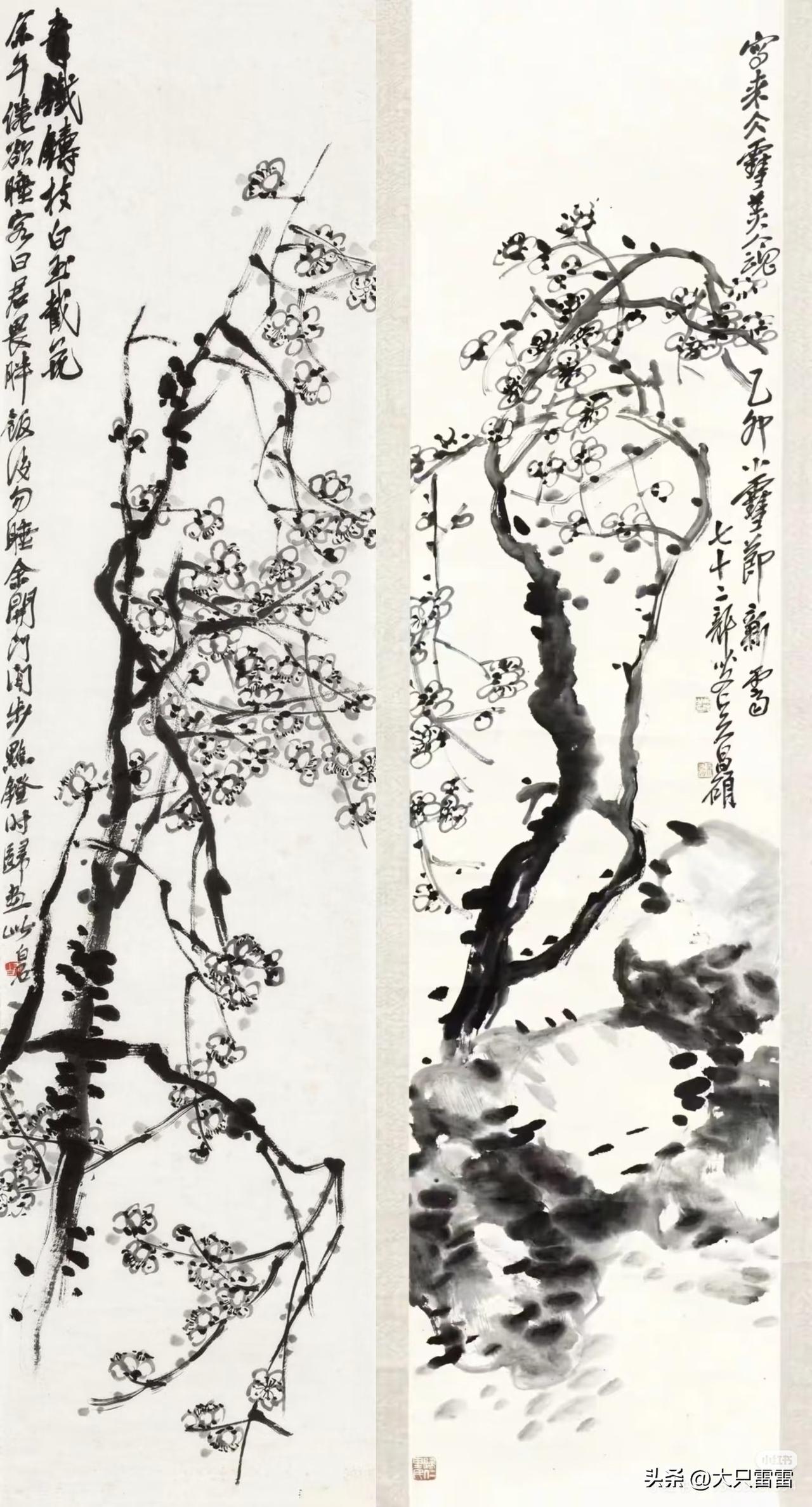 都是画墨梅，左是齐白石，右是吴昌硕，差距在哪？齐白石