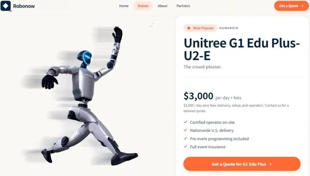 目前，海外兴起了宇树机器人租赁业务。美国Robonow Global公司一口气组