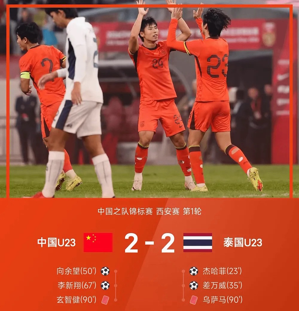 中国之队锦标赛西安赛第1轮，中国U23以2-2战平泰国U23。上半场比赛，杰哈菲