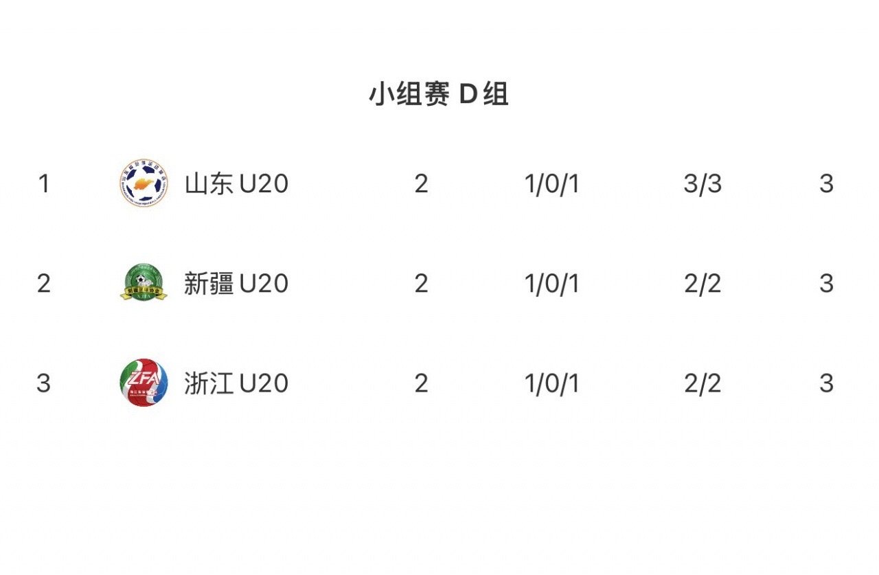 全运会男足U20小组赛，D组三队全部是1胜1负，山东队进球数多出线，而浙江U20