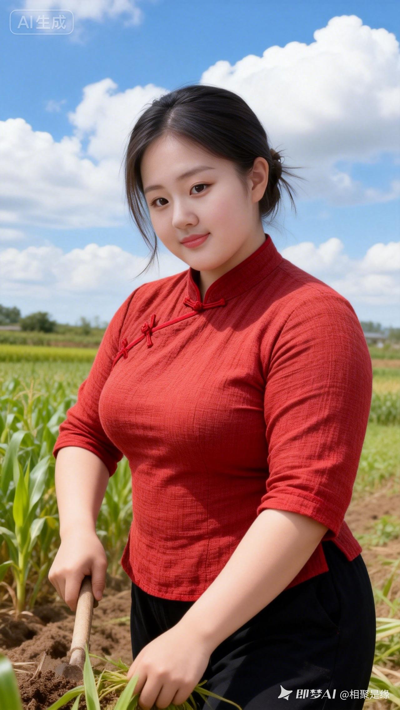 穿着红衣服的女孩在田间劳作。