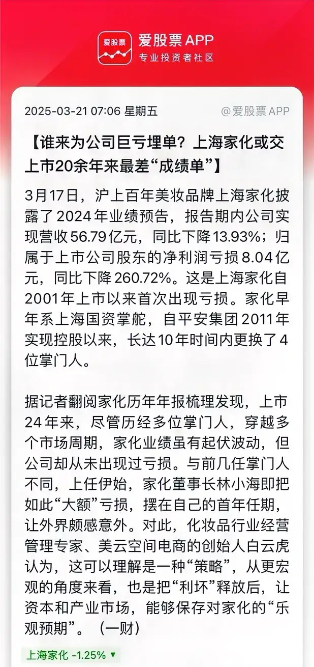 上海家化或交上市20余年来最差“成绩单”，又谁来为公司巨亏埋单呢？该公司是因为经