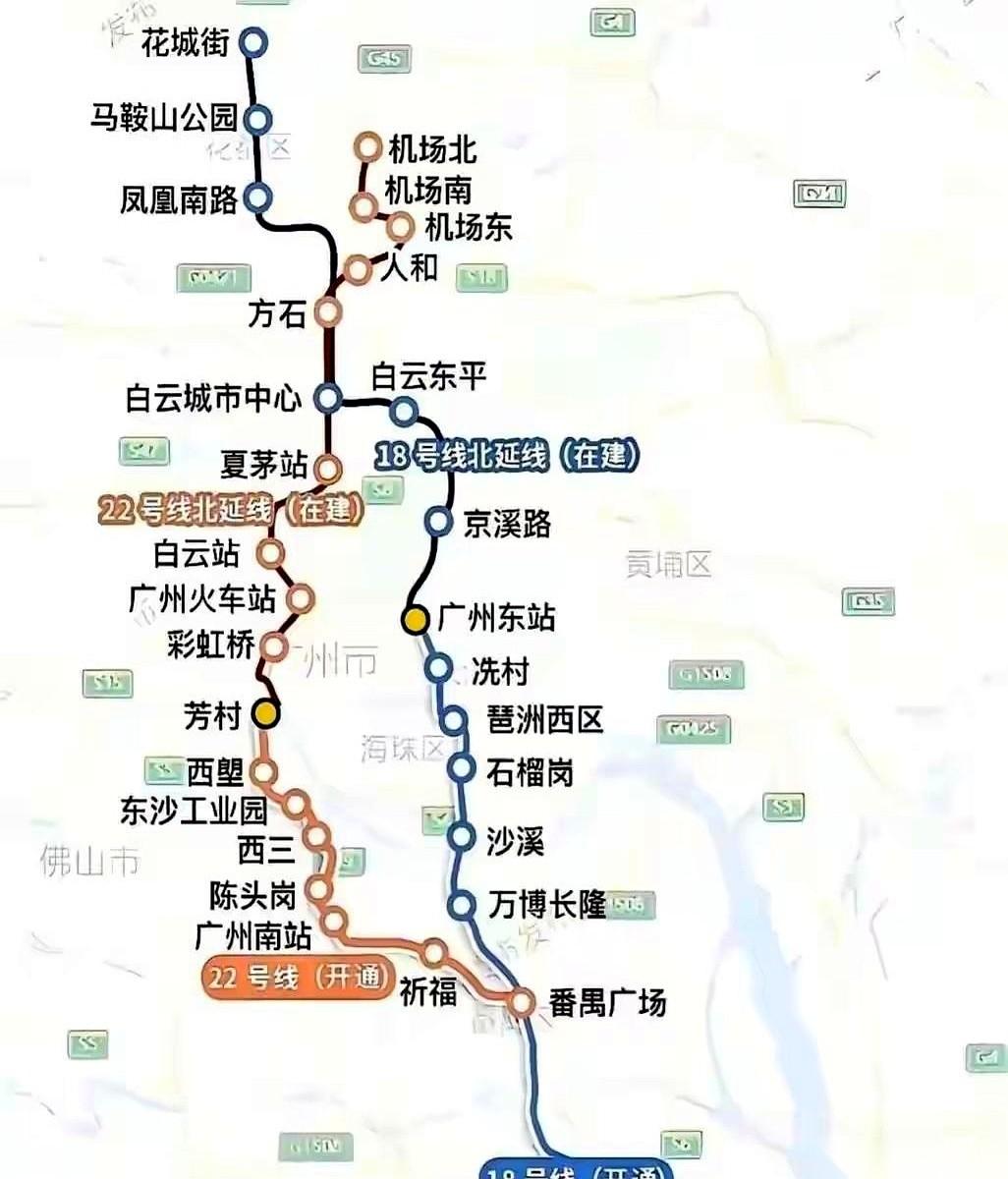 看一眼广州的地下轨道布局，18号线和22号线正在联手砸出一条贯穿南北的“超级走廊