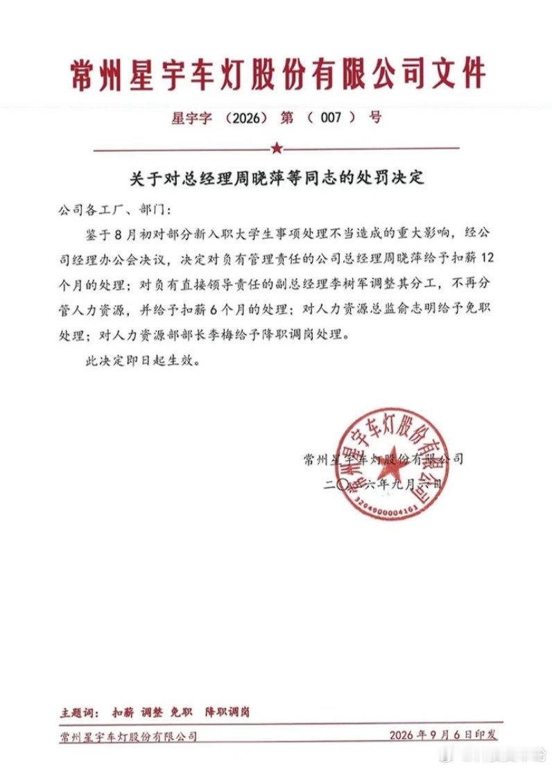【星宇股份就劝退应届生事件处罚多名高管】星宇股份总经理被扣一年薪资 9月7日消息