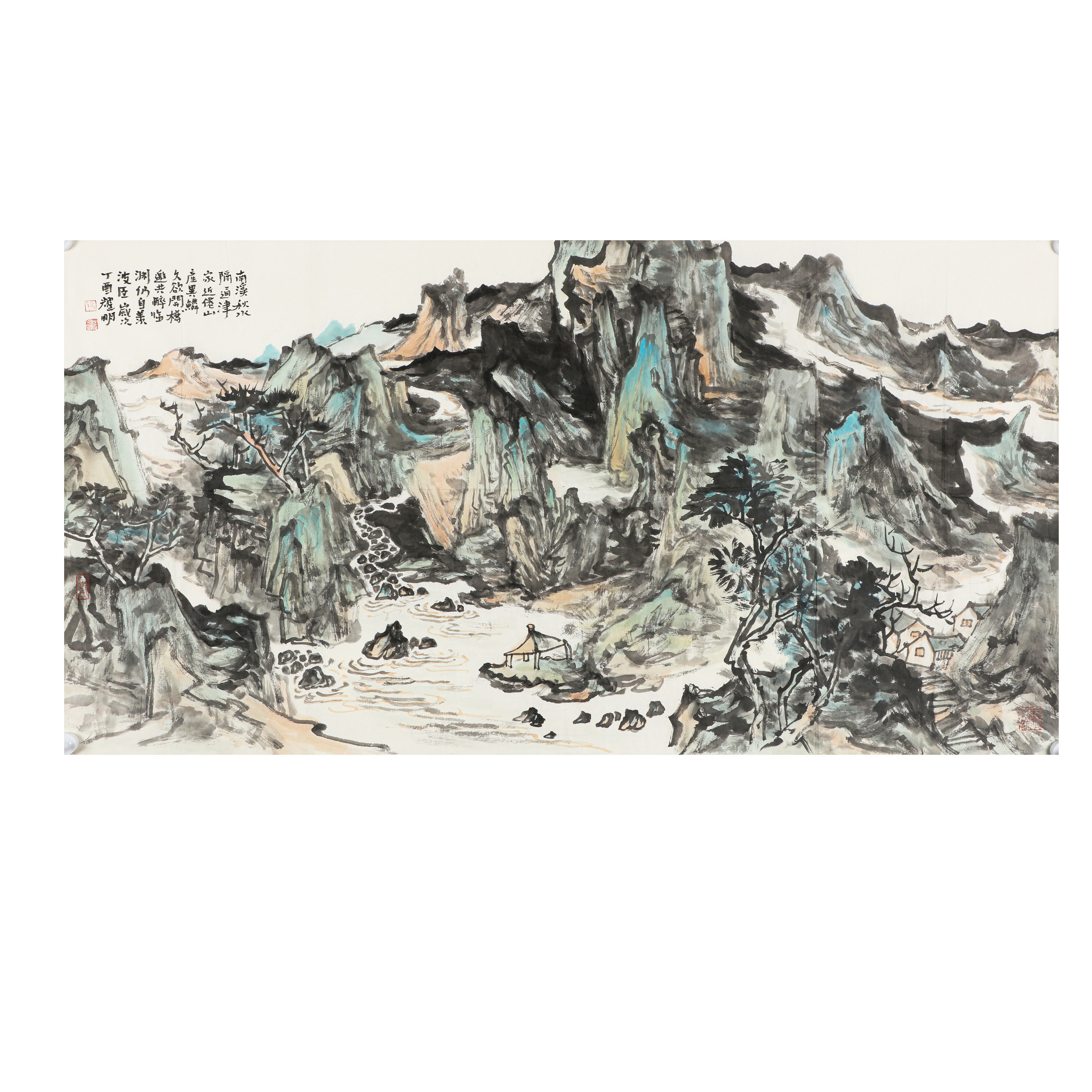 诗画合一，文人情怀画左侧题有行书长款，字迹飘逸，与画面山水相得益彰，体现了“诗书