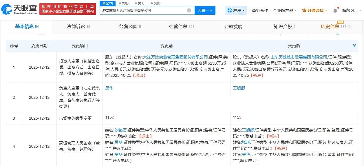 万达转让济南高新万达广场置业公司历城城发集团接盘
天眼查工商信息显示，近日，济南
