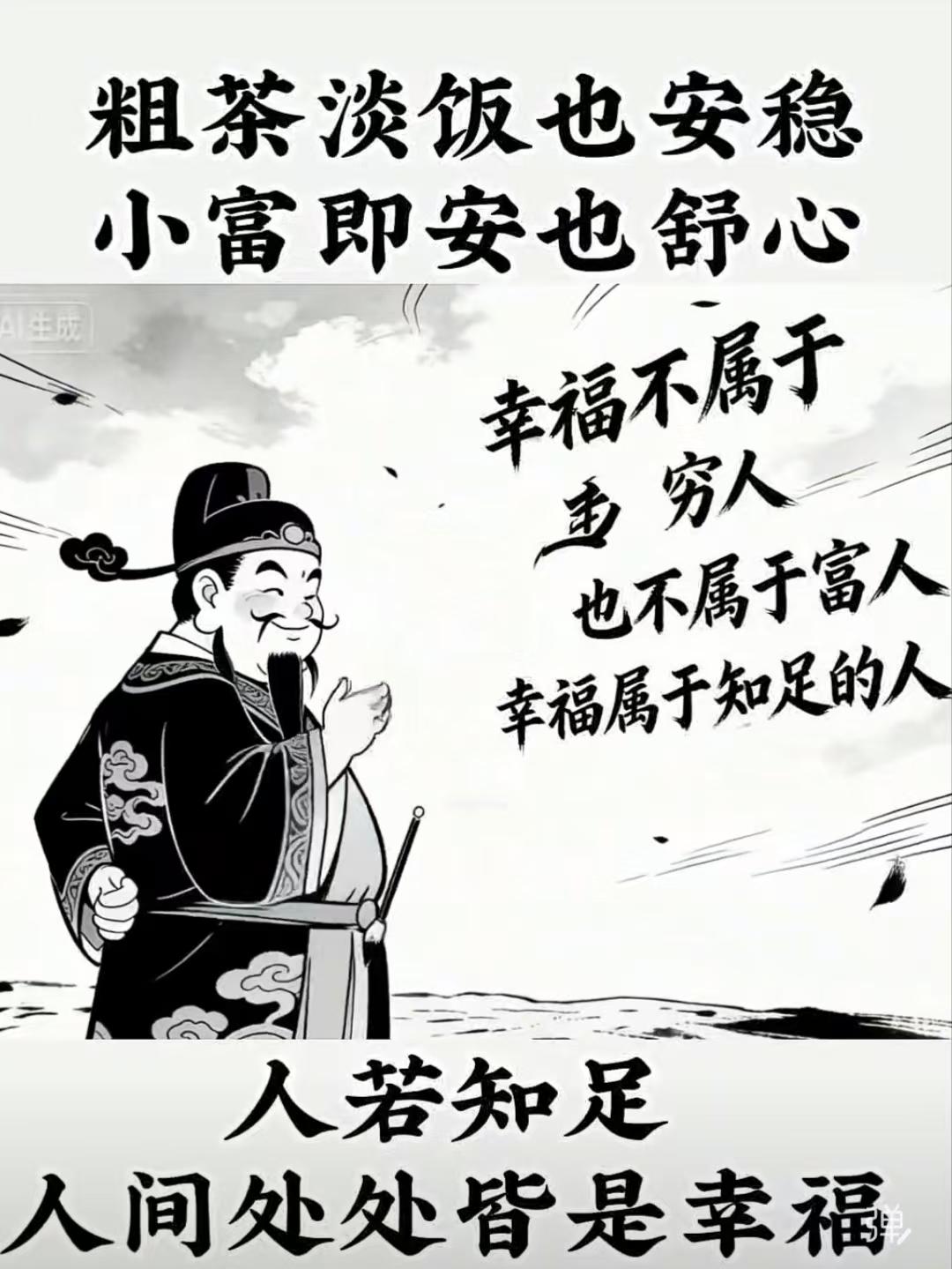 山坡羊·知足 
粗茶淡饭，
身心安稳。
小富即安殊不窘。
莫争雄，且从容；
幸福