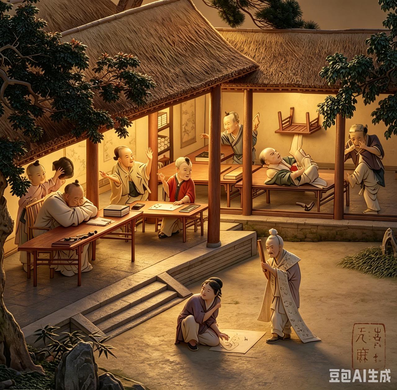 古代熊孩子上课有多野？带你见识一下。
趁老师打瞌睡了，他们就上房揭瓦，翻墙的、打