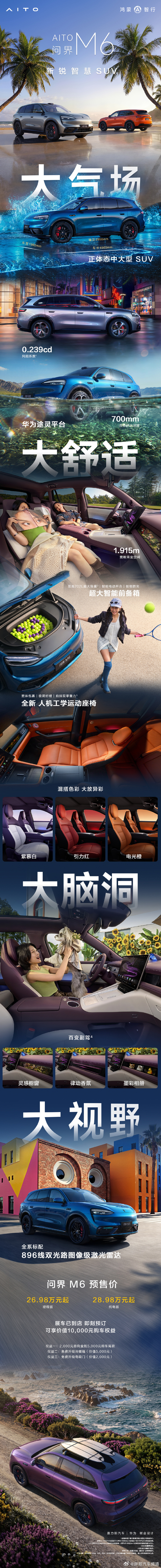 胖哥汽车频道 问界M6开启预订，共推出4款车型，预售价区间为26.98-30.9