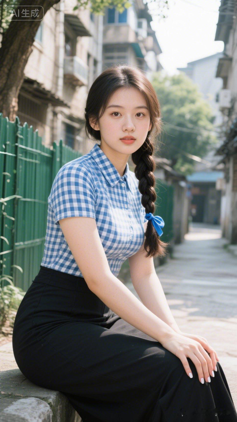 阳光明媚的午后，少女在老街的静谧中沉思。