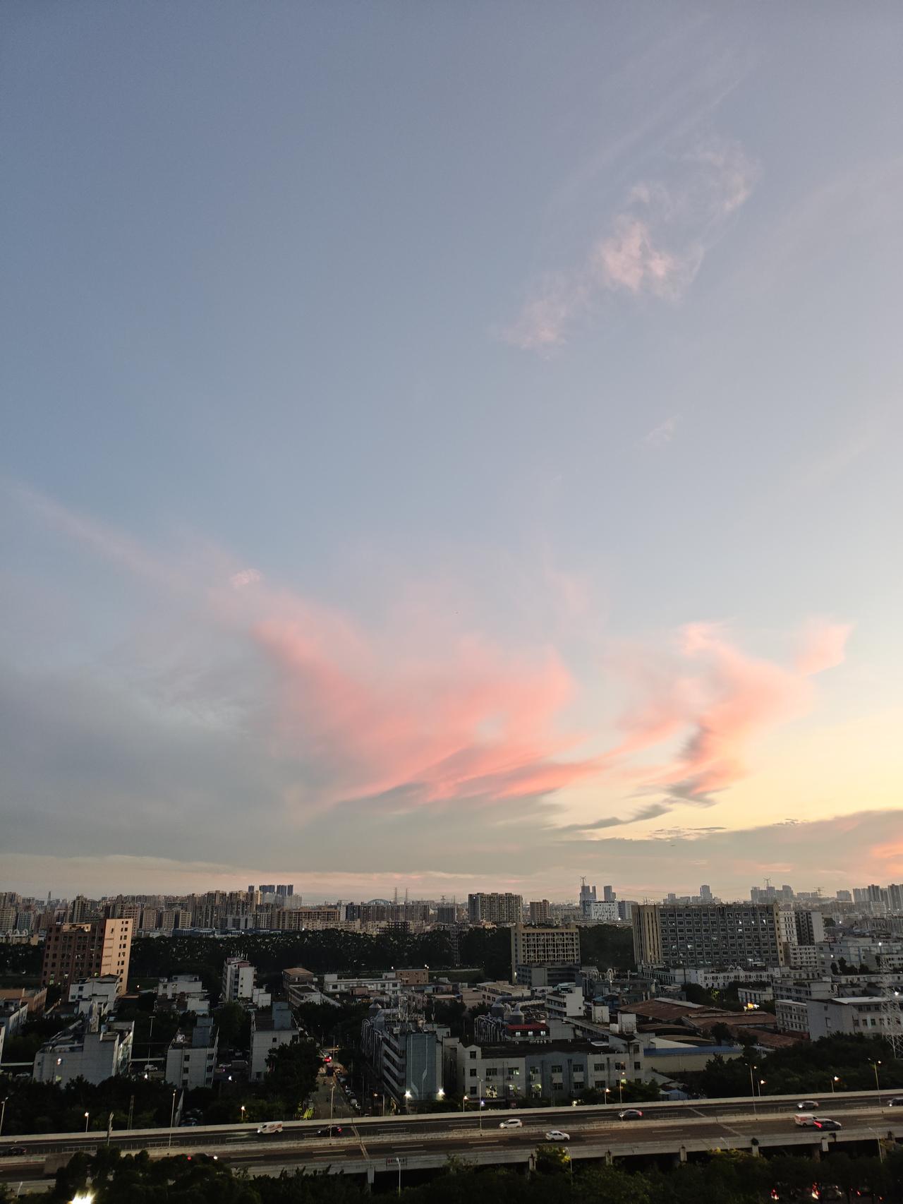 夏日随手拍昨天晚上在阳台上拍到的落日余晖，好有意境，这粉色的夕阳像几只燕子在天上