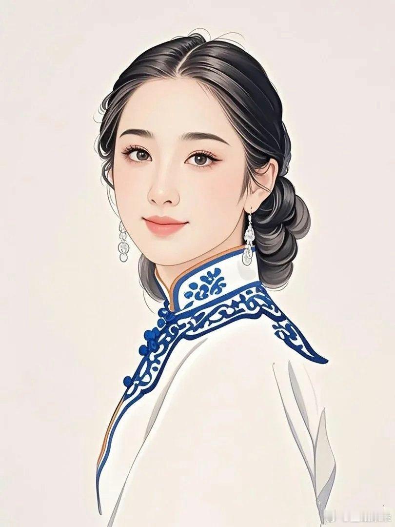 工笔画复古民国风美人头像 