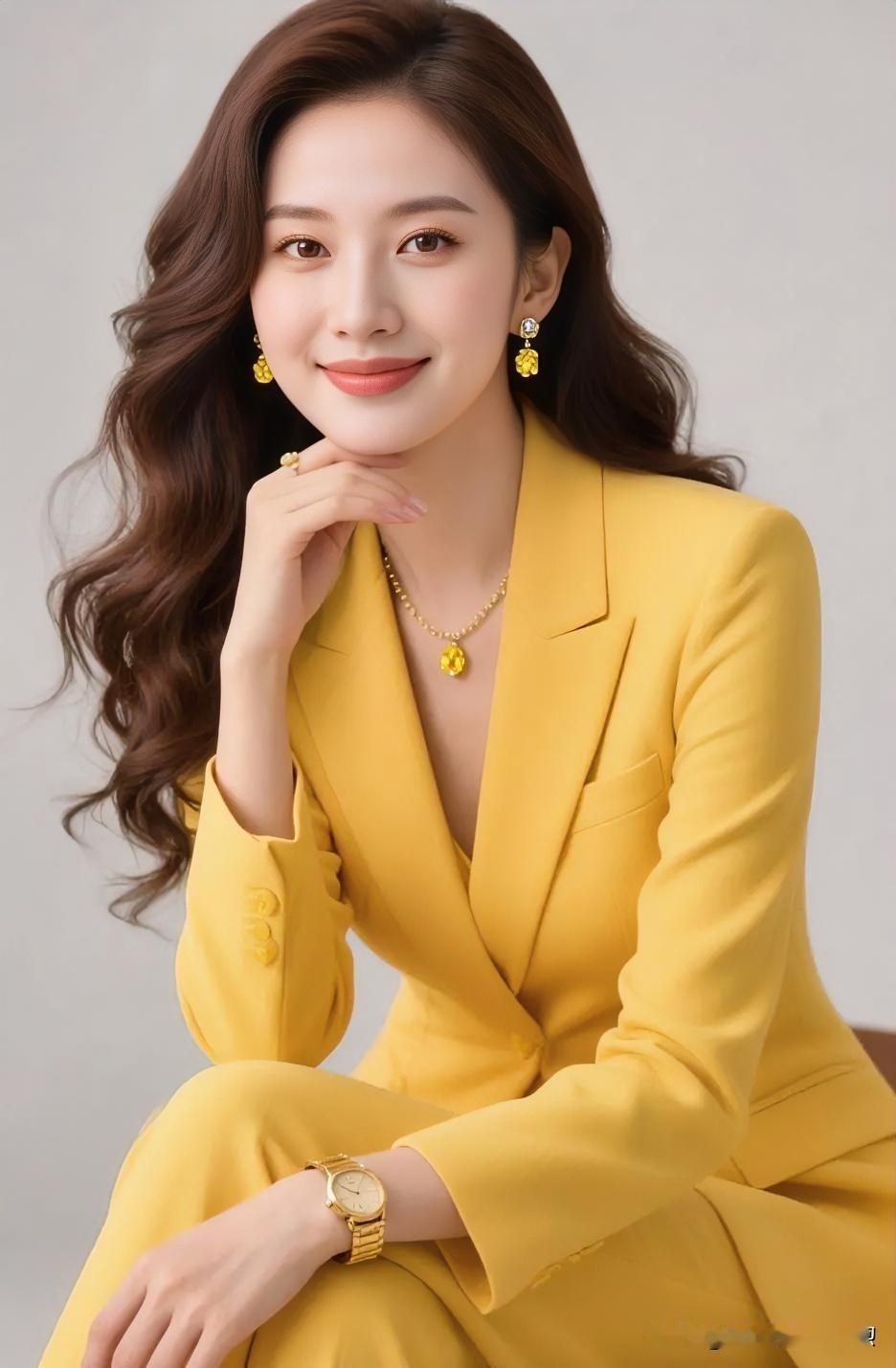 明黄西服绽芳华，琥珀流光润玉颊。

卷发如云添妩媚，金饰熠熠映朝霞。

朱唇微启