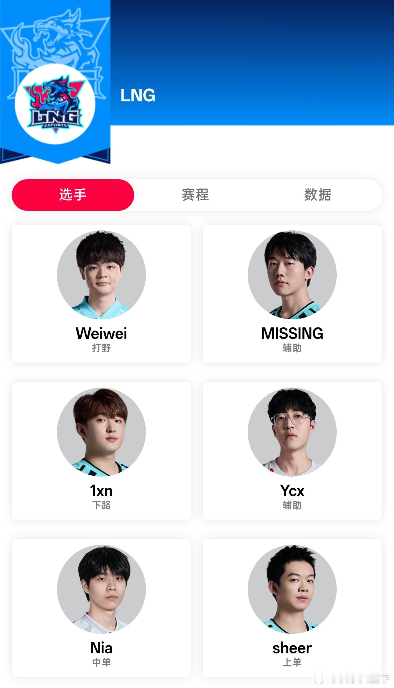 LNG阵容也揭晓了，打野Weiwei、中单Nia、双辅助Ycx和MISSING。