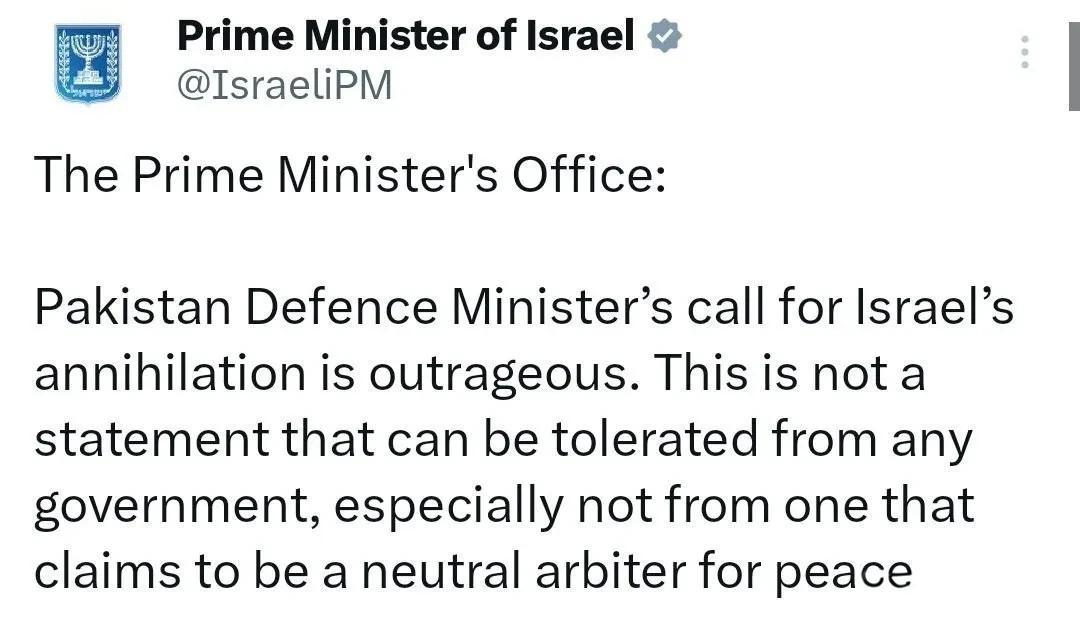 巴基斯坦防长称以色列是人类的祸害，以政府愤怒反击称巴基斯坦煽动对犹太民族的仇恨。
