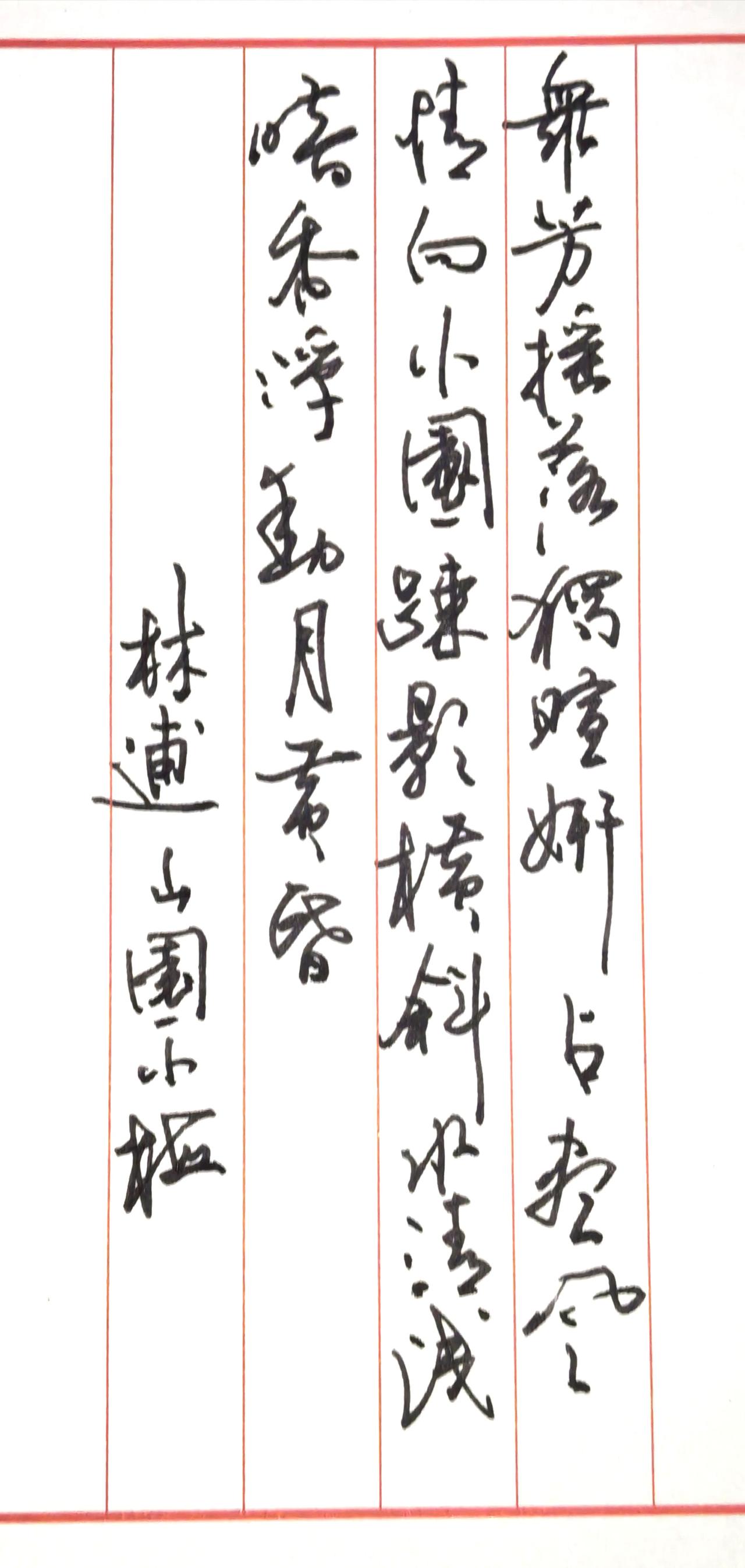 钢笔书写北宋林逋《山园小梅》
核心名句：
众芳摇落独暄妍，
占尽风情向小园。
疏
