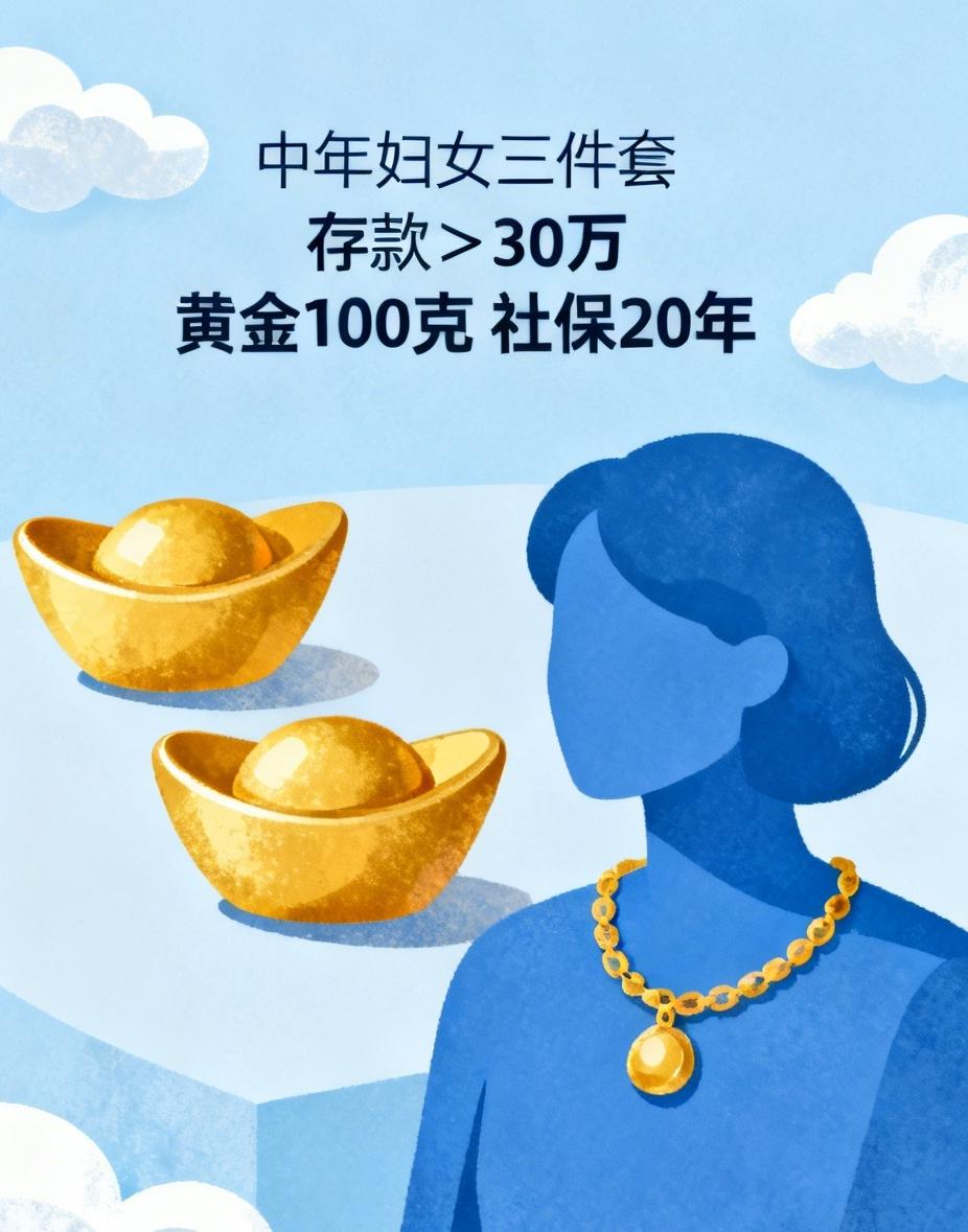 中年妇女三件套，你们都有了吗？

1.存款＞30万
2.黄金100克
3.社保2