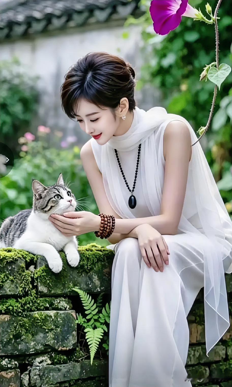 一个美女在花园里温柔地抚摸一只猫。