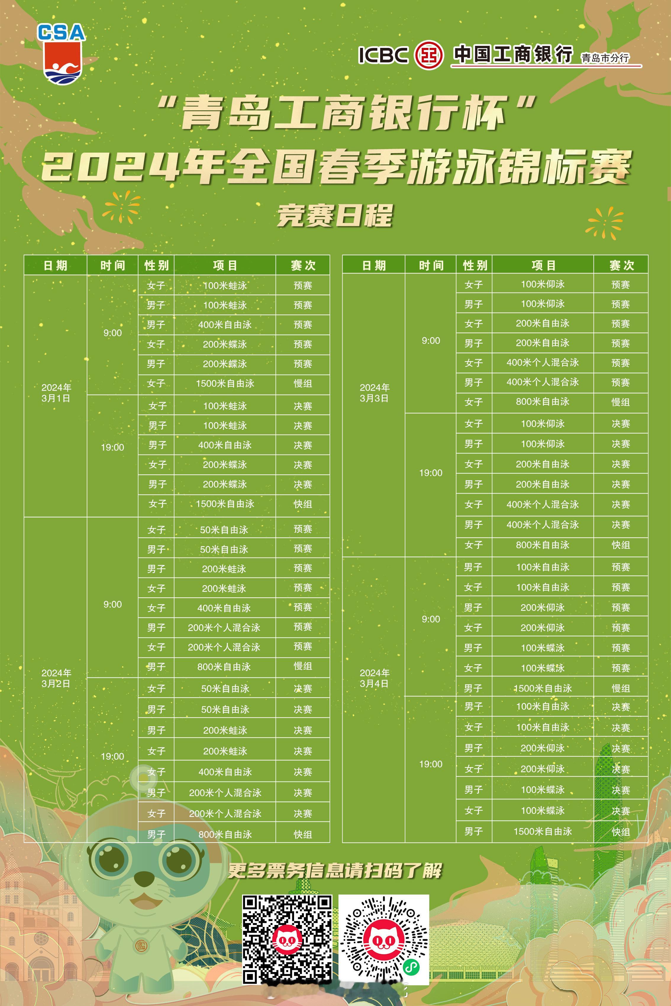 2024年全国春季游泳锦标赛赛程及票务～地点青岛～时间3.1-4～票价30-19