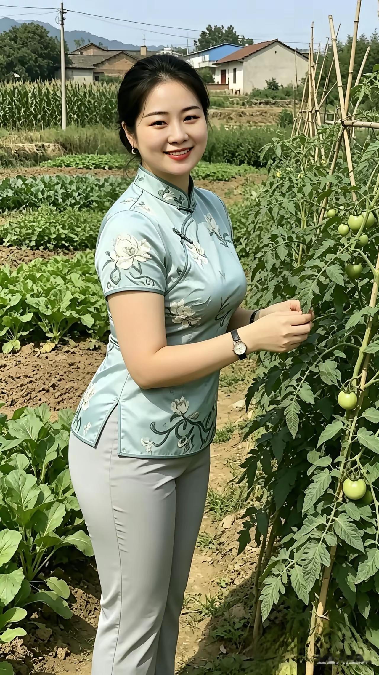 田园生活，微笑的农妇与绿意盎然的蔬菜园