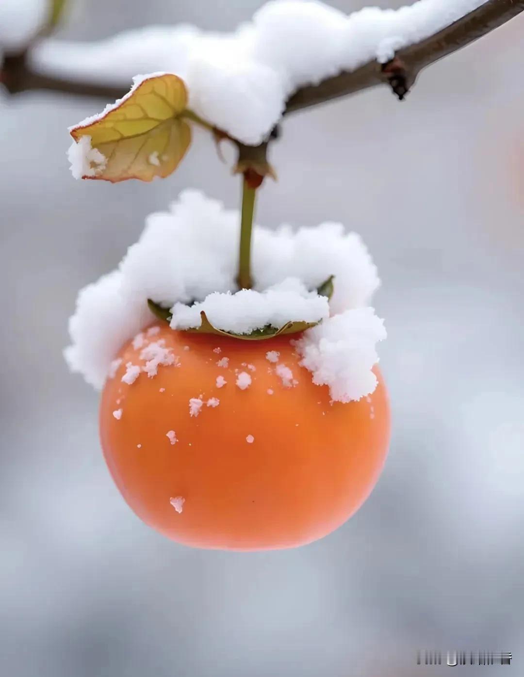 柿子树的橙红色果实在白雪的映衬下

愈发显得鲜艳夺目

那一颗颗饱满的柿子

宛