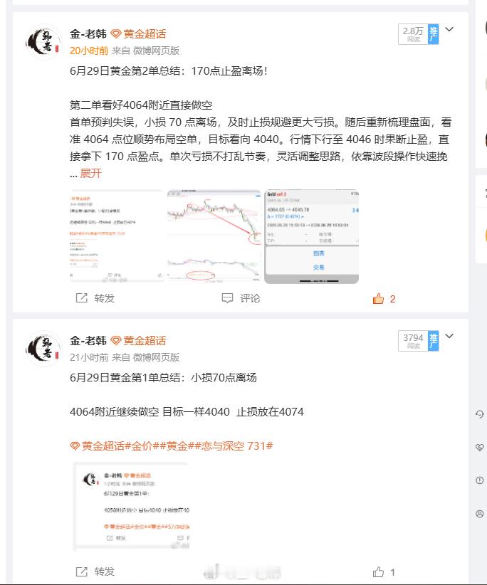 6月29日黄金交易总结：拿下300点盈点！当日盈亏统计第一单：4058做空，扫损