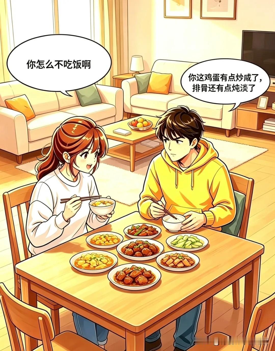 趣味漫画 老婆：你怎么不吃饭？老公：鸡蛋咸了，排骨淡了，老婆：那你端着饭碗到外面