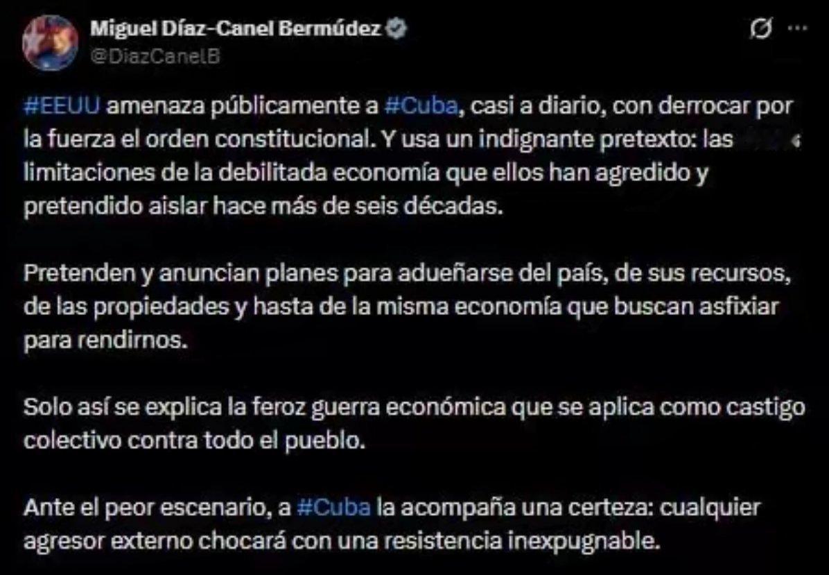 古巴总统：一旦出现最坏情况，古巴将对美国展开坚不可摧的抵抗。 