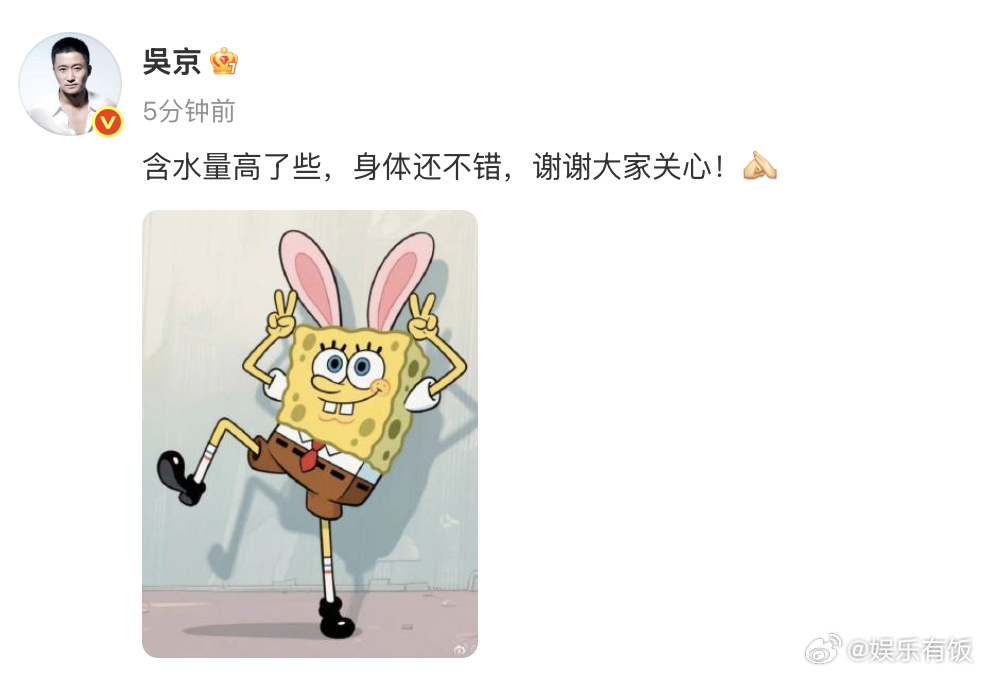 吴京回应水肿吴京 含水量高但身体还不错 吴京网速已升级~发博回应吴京 水肿 ，表