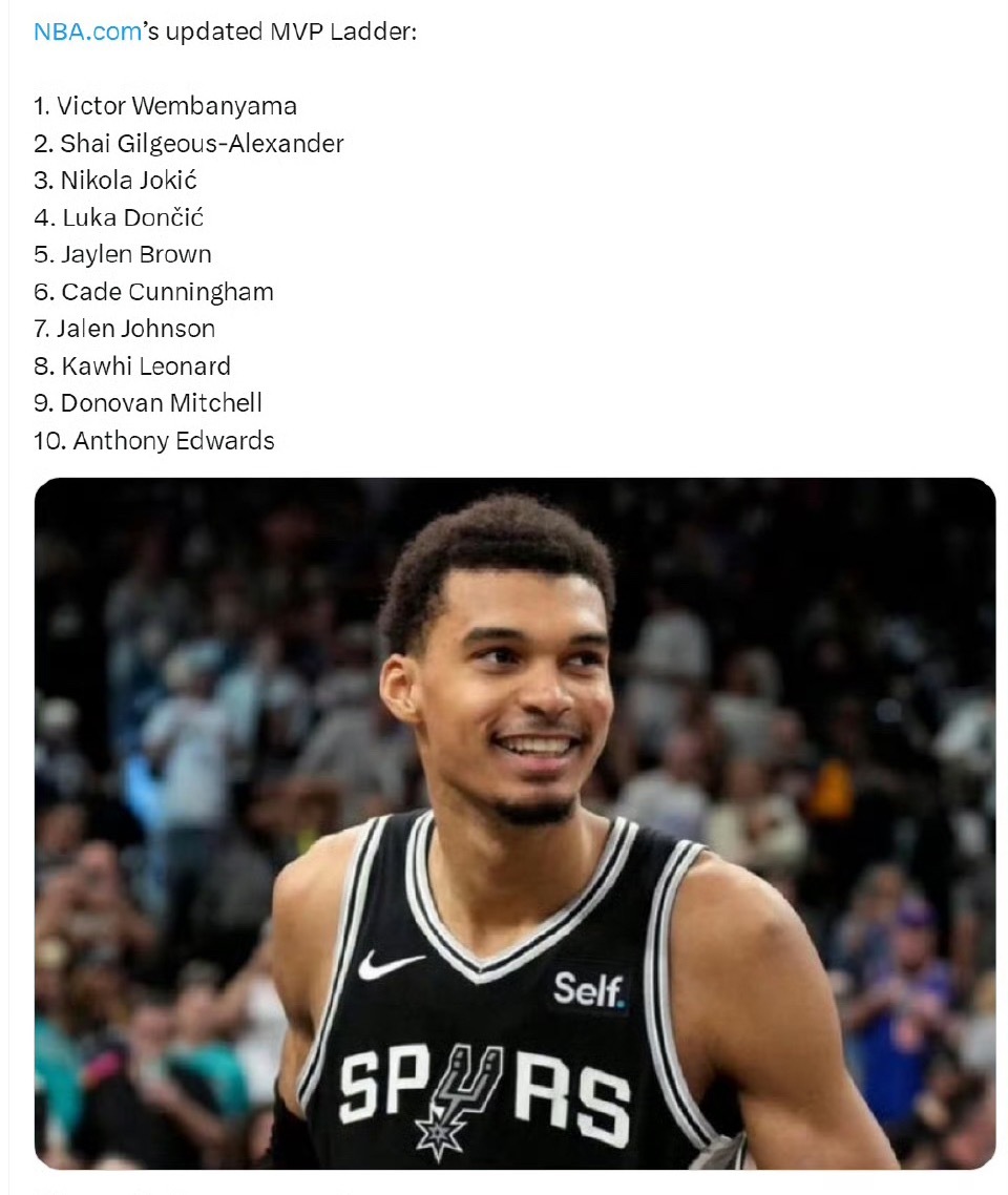 得！半路杀出个文和尚，这下MVP真没戏了文班亚马登顶MVP榜首