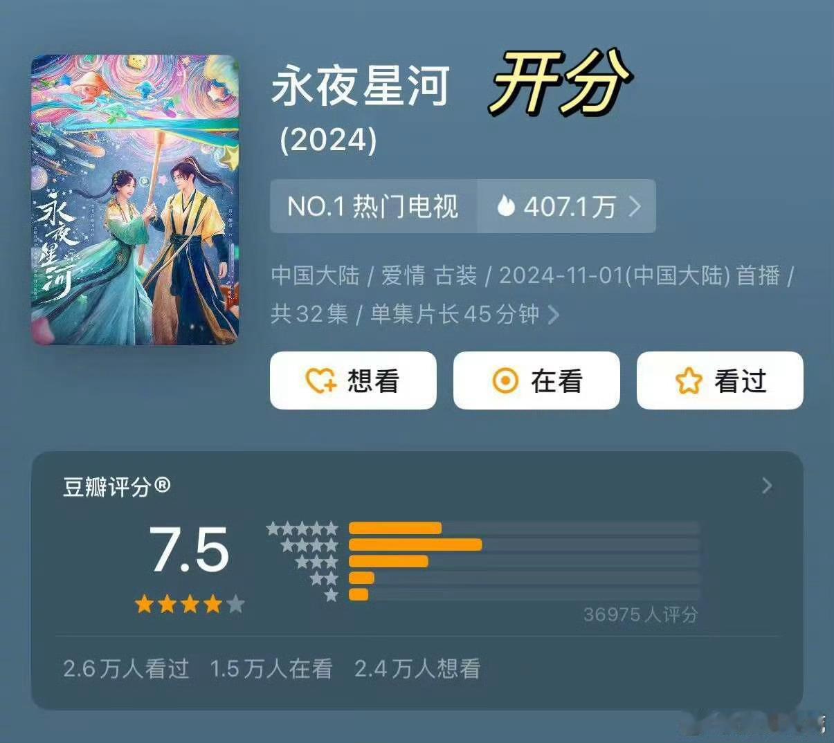 最近开播的三部电视剧，《永夜星河》的豆瓣评分上涨，《小巷人家》评分下跌，《珠帘玉