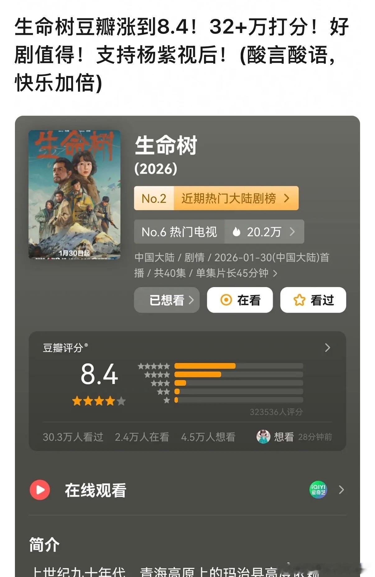 生命树豆瓣涨到8.4！32+万打分 