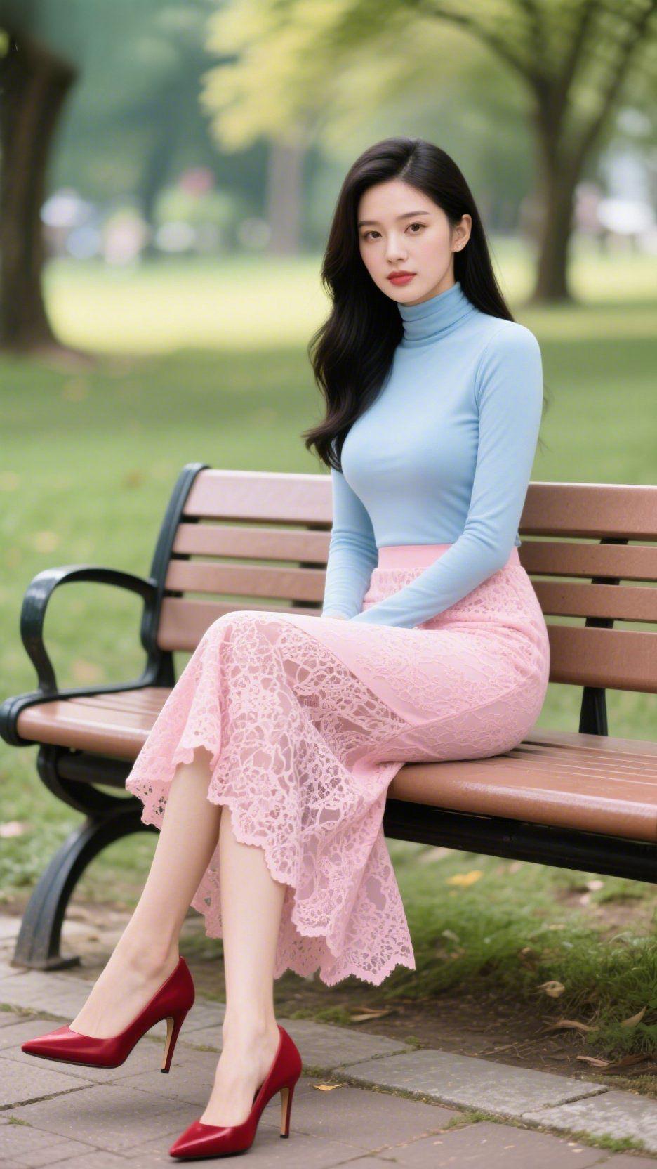 《公园长椅的春日光影》
 
风裹着暖香漫过草坪，长椅浸在软绵的春阳里。她身着天青