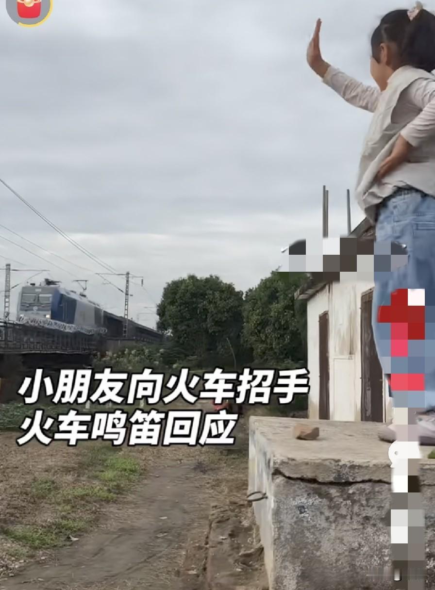 这小孩儿真会玩儿，站在高台上始尽向疾驰而来的火车招手，没想到火车司机真的看到了，