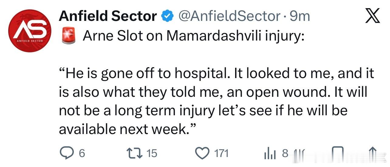 马马达应该是没有什么大碍，看起来是皮外伤。斯洛特透露马马达什维利已经去医院了，其