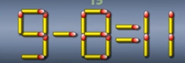 这是一道超考验思维灵活性的火柴棒谜题！图中的算式 “9 - 8 = 11” 显然
