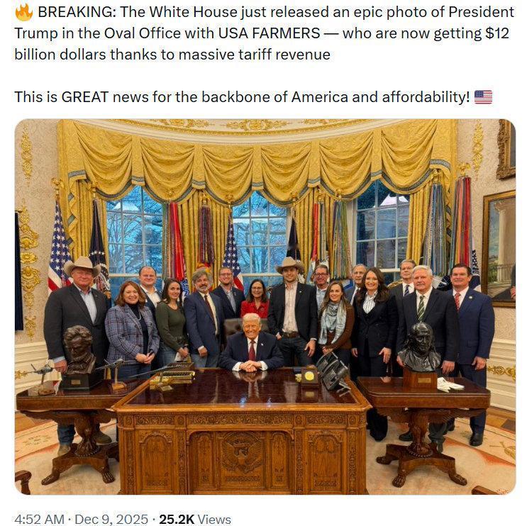 白宫最近发了张照片，挺有意思。特朗普总统在椭圆形办公室里，和一群美国农民站在一起