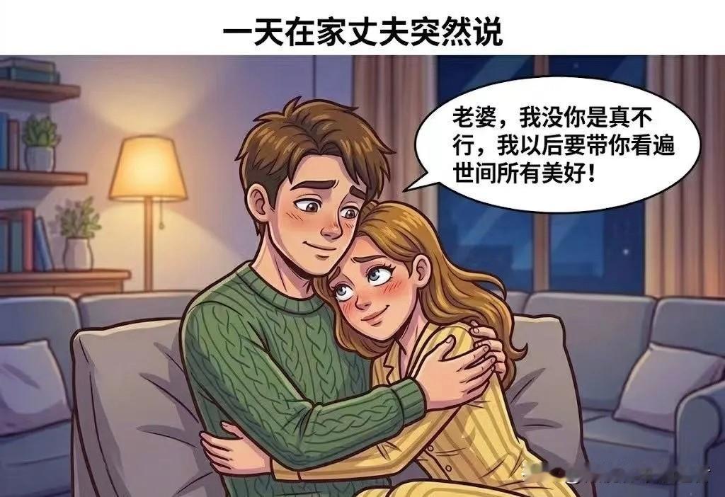 趣味漫画：一天在家丈夫突然说：老婆，我没你是真不行，我以后要带你看遍世间所有美好