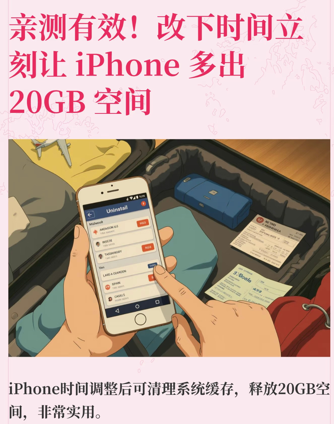 iPhone改日期 空出20G具体做法：开启飞行模式👉将日期改为一年后👉等待