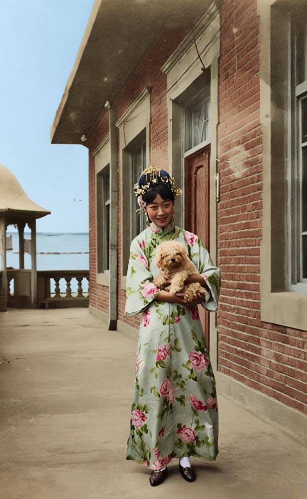 这张照片拍摄于1924年（婉容随溥仪被赶出紫禁城后），取景地为天津日租界张园寓所