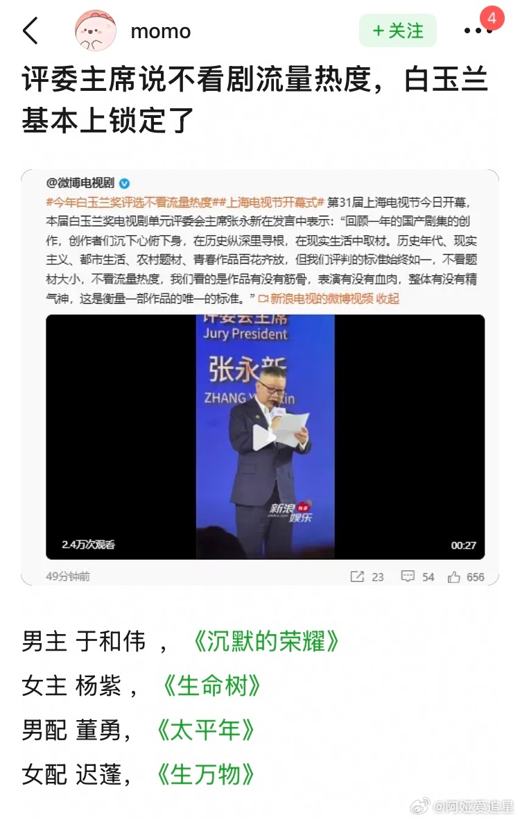 6.22就有网友成功预测白玉兰获奖名单当时还有人回复“做梦呢”现在一模一样，虽然
